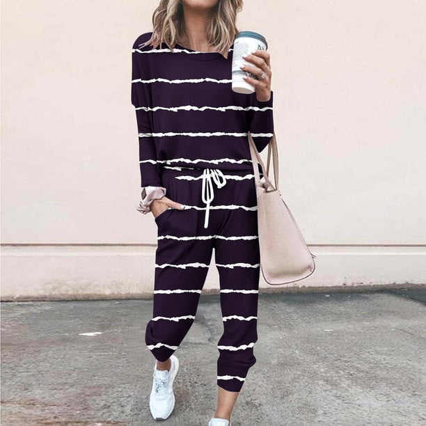 Puntoco Traje Casual Con Cordón Y Cuello Redondo De Manga Larga Estampado Suelto A La Moda Para Mujer Azul Marino M