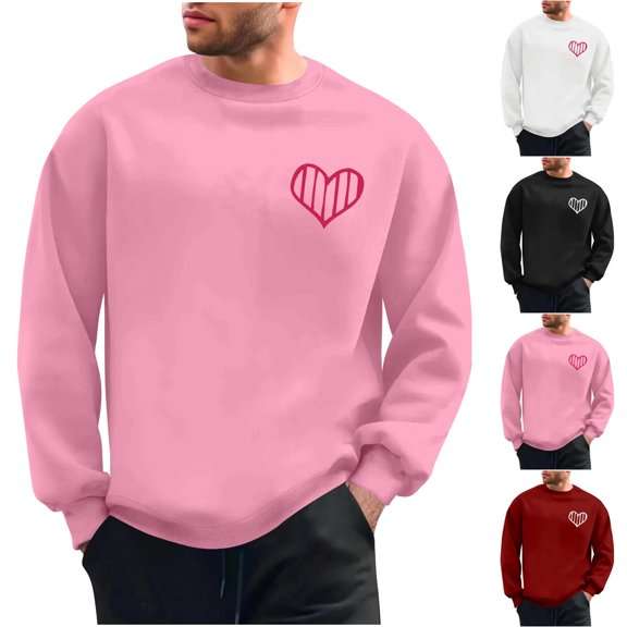 YOIAVAIOY Men Heart Print Sweatshirt Trendy Long Sleeve Love Graphic Sweatshirts Loose Casual Fall Pullover Top with Pocket White M