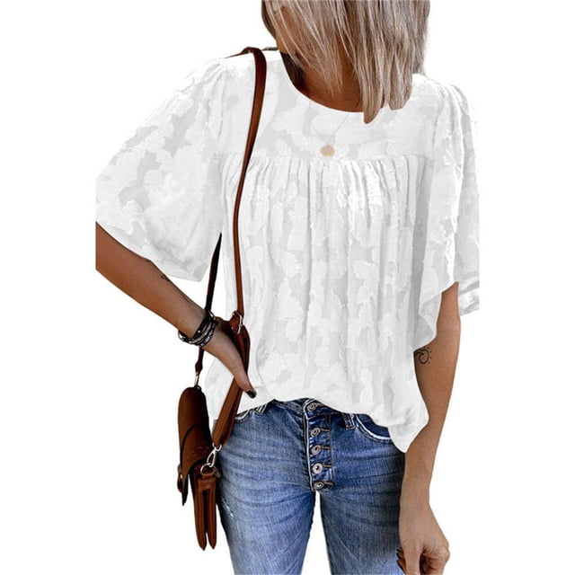 Camisa de media manga Jersey Flor Sonducket Blusa elegante para Mujer Blanco L