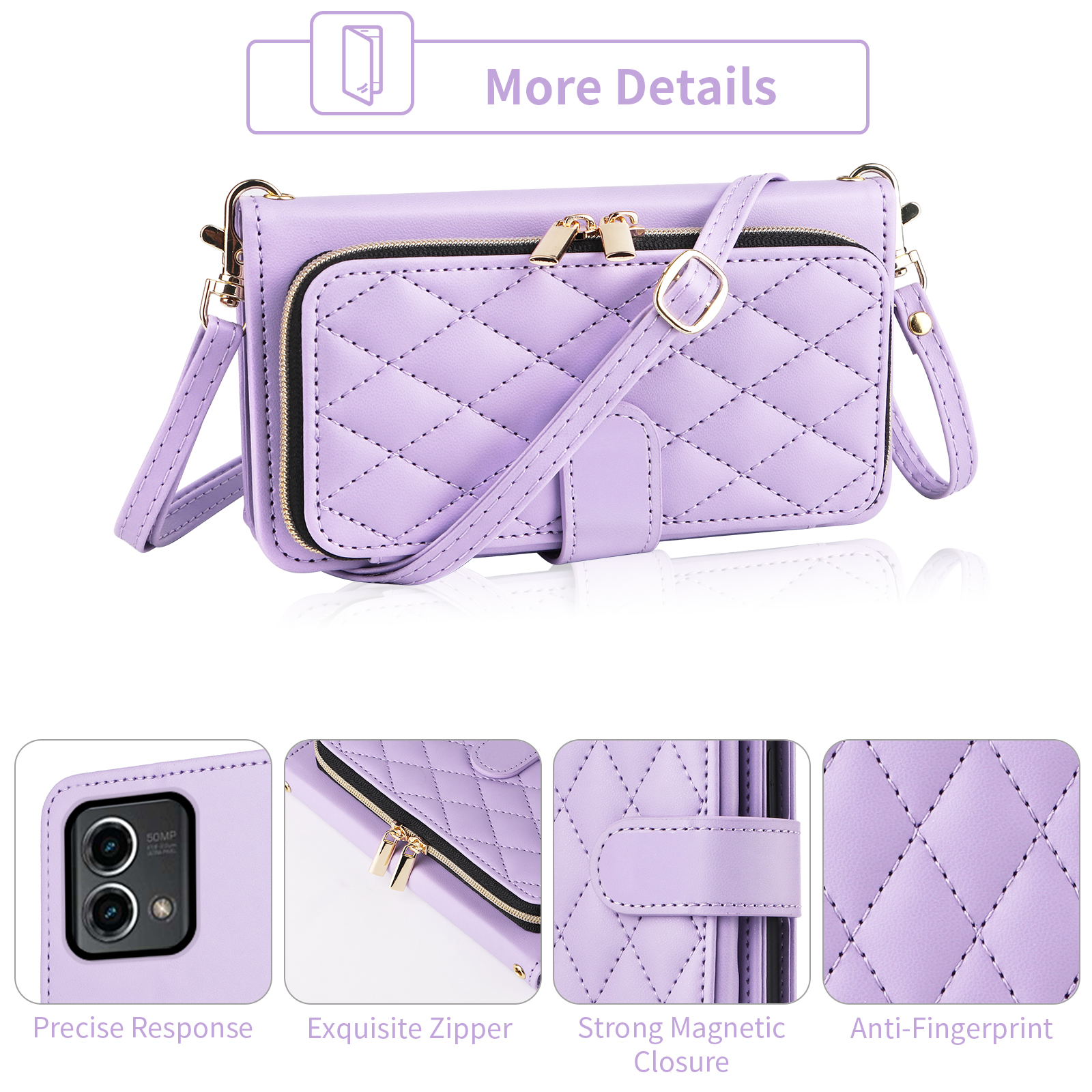 Furiet Argyle Wallet Case for Motorola Moto G Stylus 5G 2023 with Wrist/Shoulder Strap Card Slot Zipper Purse Luxury PU Leather Card Holder Stand Phone Cover for GStylus G5 XT2317DL Women Purple