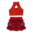 thumbnail image 4 of iEFiEL Girls 2Pcs Dance Outfit Sparkle Sequins Crop Top with Ruffles Skirted Shorts Carnival Performance Costume Red 8, 4 of 5