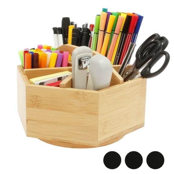 LINFANG Wooden Rotating Pen Holder Versatile Hexagon Desktop Pencil Organizer with 6 Compartment and Handle Crayon Marker Holder for Pencil Pen Paint Brush