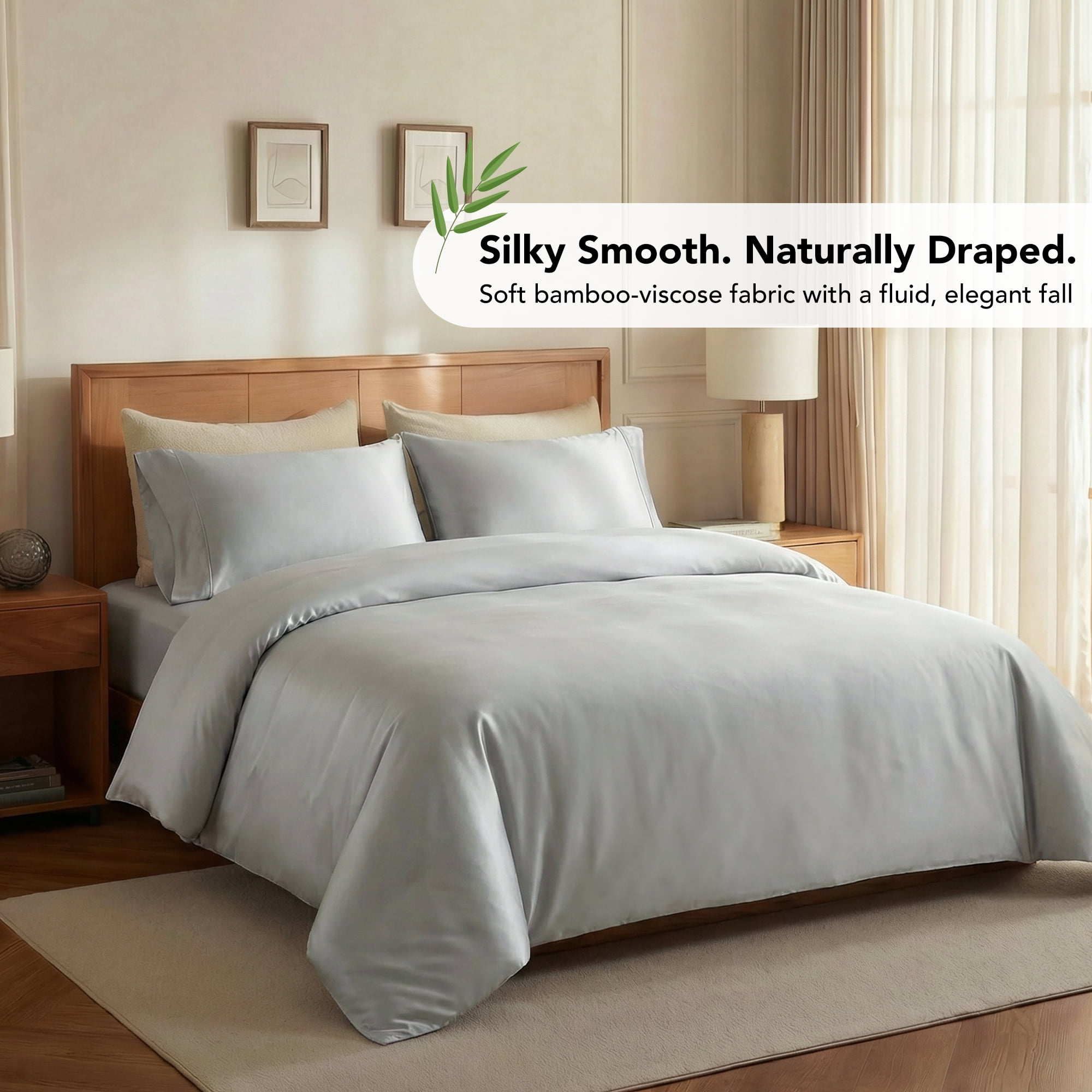 Deconovo Silky Soft Bamboo Satin Duvet Cover - Eco-Friendly Luxury Bedding Set for Home, Light Grey, 90"x90"