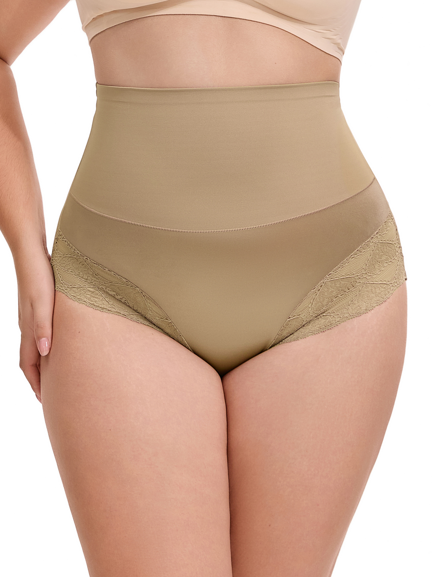 Unique Bargains Lace Trimmed High Waisted Tummy Briefs 3XL Light Brown