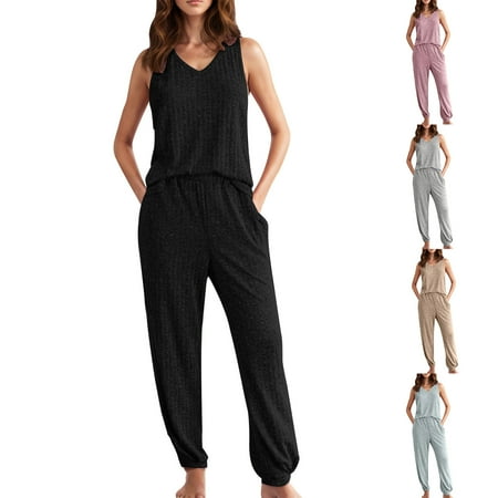 QATAINLAV Women s Pajamas Lounge Set Ribbed Knit Sleeveless Tank Tops and Beam Feet Pants 2 Piece Outfits Solid Color Loungewear Matching Sets Back Packs Sales for School Gray XL