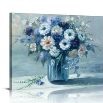 ARISTURING Vintage Flowers Canvas Wall Art Blue White Blossom Canvas Painting Retro Flowers in Vase Canvas Pictures Blue Ocean Background Artwork Prints for Bathroom Bedroom Wall Decor