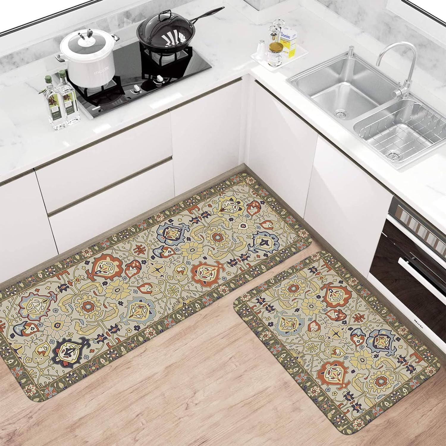 Boho Kitchen Mat Set of 2,Vintage Floral Kitchen Rugs and Mats Non Skid Washable,Bohemia Farmhouse Runner Rugs with Rubber Backing for Kitchen Decor Accessories (17"x47"+17"x30")