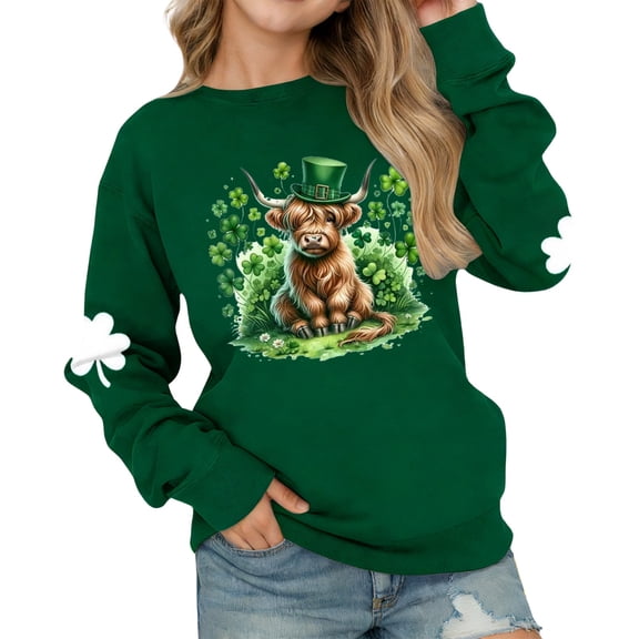 WOYY St. Patrick's Day Sweatshirts for Girls Clover Graphic Crew Neck Pullover, Sizes 3-14