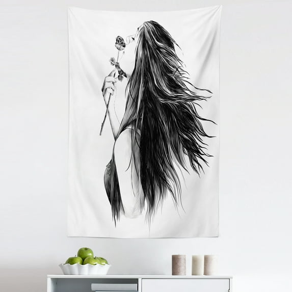 Women Tapestry, Modern Monochrome Sketchy Drawn Lady Smelling the Rose Illustration Art Print, Fabric Wall Hanging Decor for Bedroom Living Room Dorm, 5 Sizes, Black and White, by Ambesonne