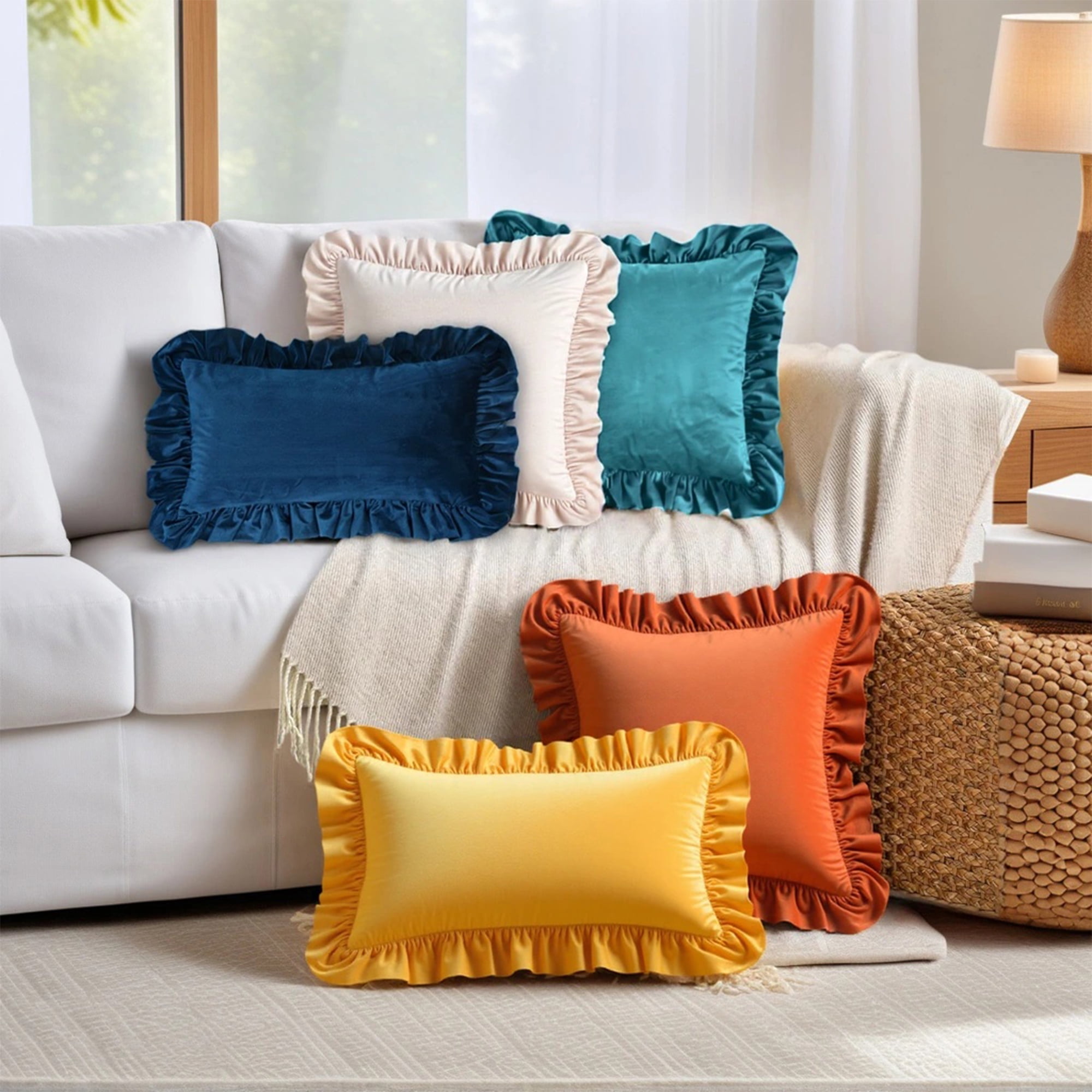 Unique Bargains 2 Pcs Scalloped Square Throw Pillow Covers Orange/Pink 18" x 18"