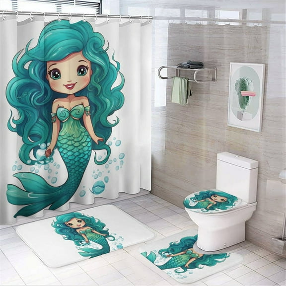 Mermaid 4PCS Shower Curtain Sets with Rugs with Non-Slip Bath Mat Toilet Rug，72" X 72"