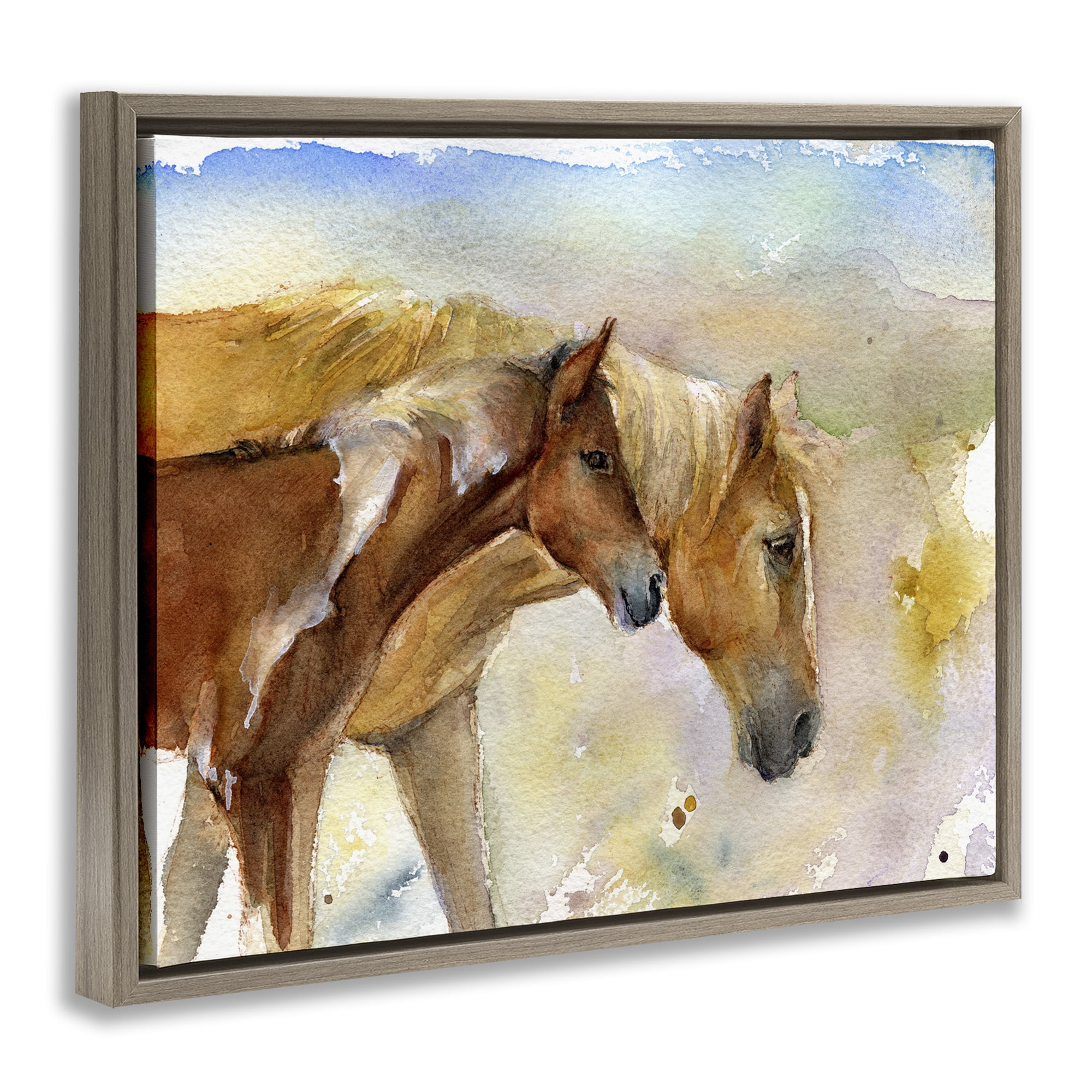 Stupell Industries Wild Horses Watercolor Animals & Insects Painting Brown Floater Framed Canvas Art Print Wall Art, 21 x 17