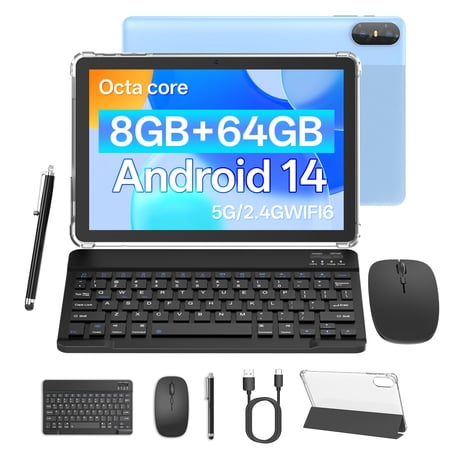 Android 14 Tablet with Keyboard 10 Inch 2 in 1 Tablets,Octa Core 2.4GHz CPU Tablet PC,8GB RAM 64GB ROM 1TB Expand,5G WiFi 6 BT 5.0,6000mah Battery Tablet with Keyboard Case Mouse - Blue