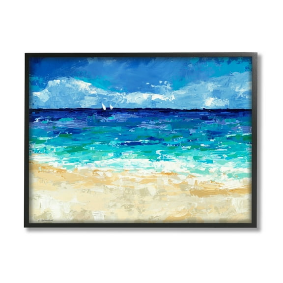 Stupell Industries Modern Beach Scene Abstract Shore Coastal Painting Black Framed Art Print Wall Art