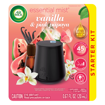 Air Wick Essential Mist Starter Kit (Diffuser   Refill), Vanilla and Pink Papaya, 0.67 fl oz
