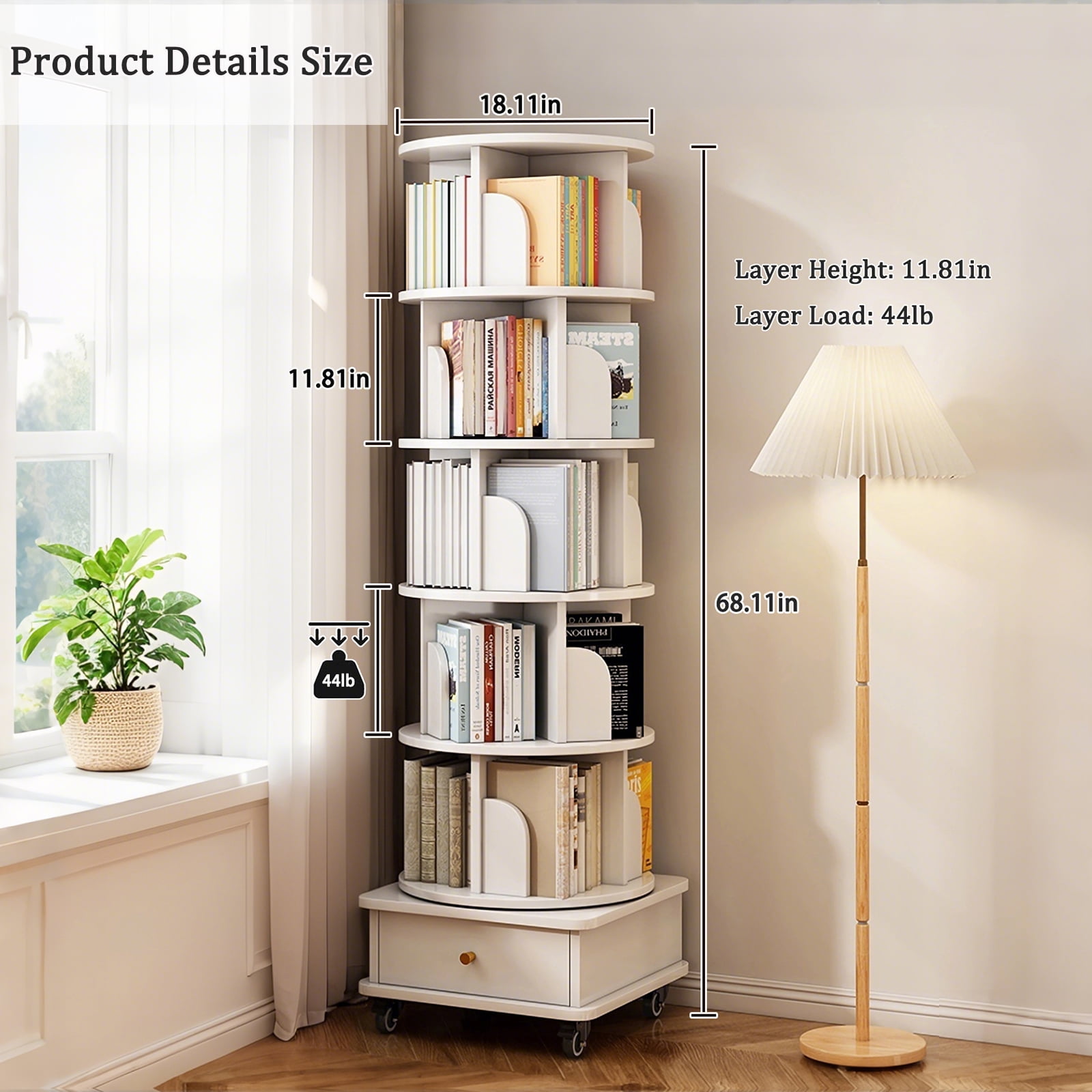 6 Tier Rotating Bookshelf, 360° Display Round Spinning Bookshelf with Wheels and Drawer, Space-Saving, Small Space Rotating Bookshelf Tower for Bedroom, Living Room, Home, Office, Warm White