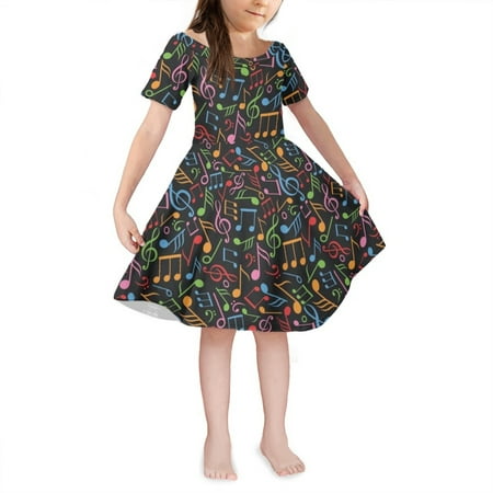 

NETILGEN Music Notes Print Teen Girl Midi Dresses Self Cultivation Swing Drsses with Sleeves for Perfect Birthday Gift Size 3-4 Years Old
