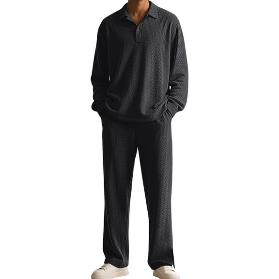 Solid-Color Textured Casual Collared Pullover Long-Sleeve Top And Pants Sports Set