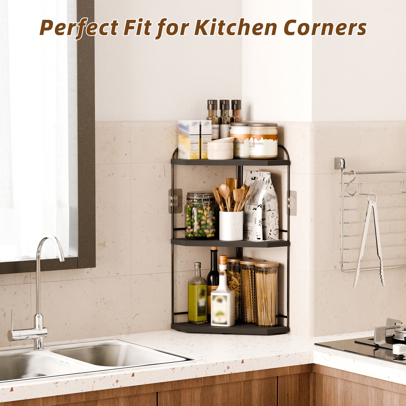Corner Bathroom Counter Organizer, 3-Tier Wood Countertop Organizer for Perfume, Makeup Storage, Skincare Organizers for Vanity, Counter Corner Shelf for Kitchen, Bathroom, Dresser (black)