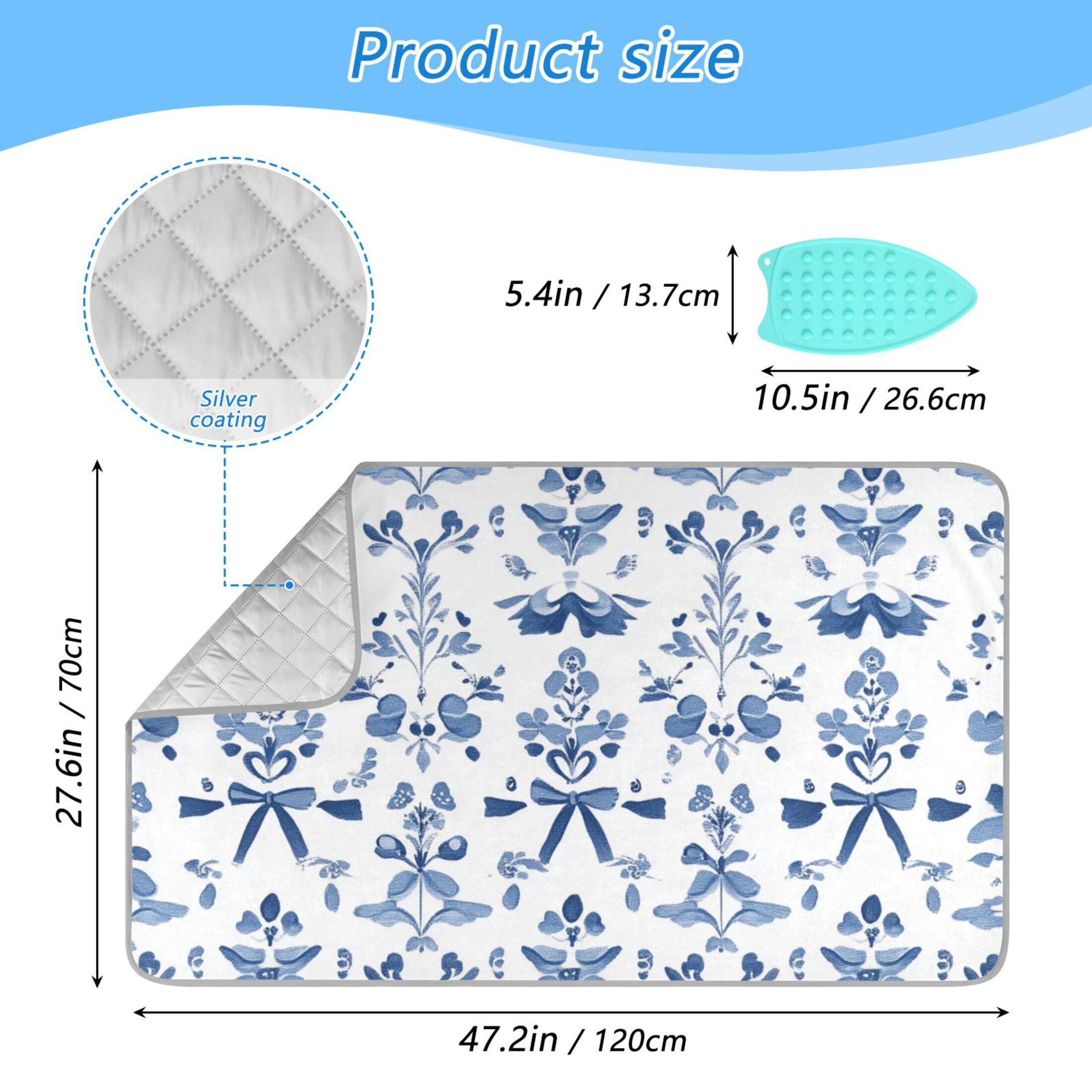 Small Blue Flowers and Bowknots Ironing Mat Blanket Portable Travel Ironing Pad Heat Resistant Pad 47.2" x 27.6”