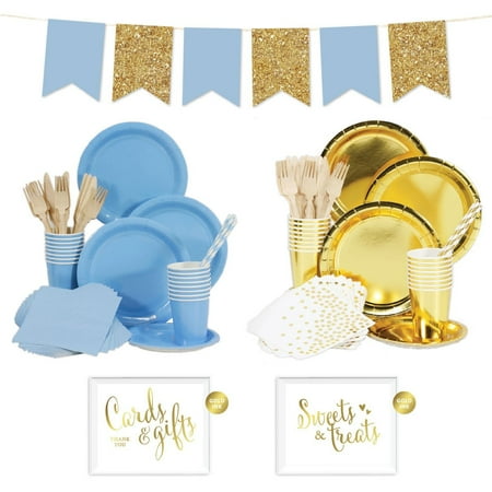 - Koyal Wholesale Complete 140-Piece Gold and Light Blue Tableware Kit for 16 Guests, Solid Color Party Decor Party Supply