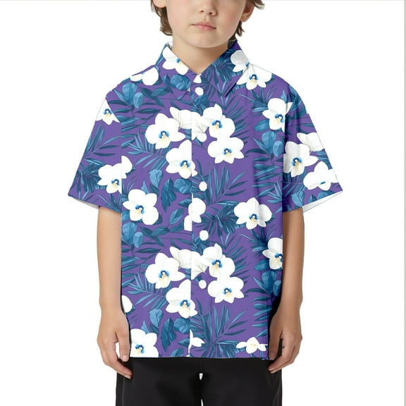 Glisme Boys Hawaiian Shirt Collar Print Button Beach Shirt Summer Short Sleeved Top Purple Tops Size 5-6 Years