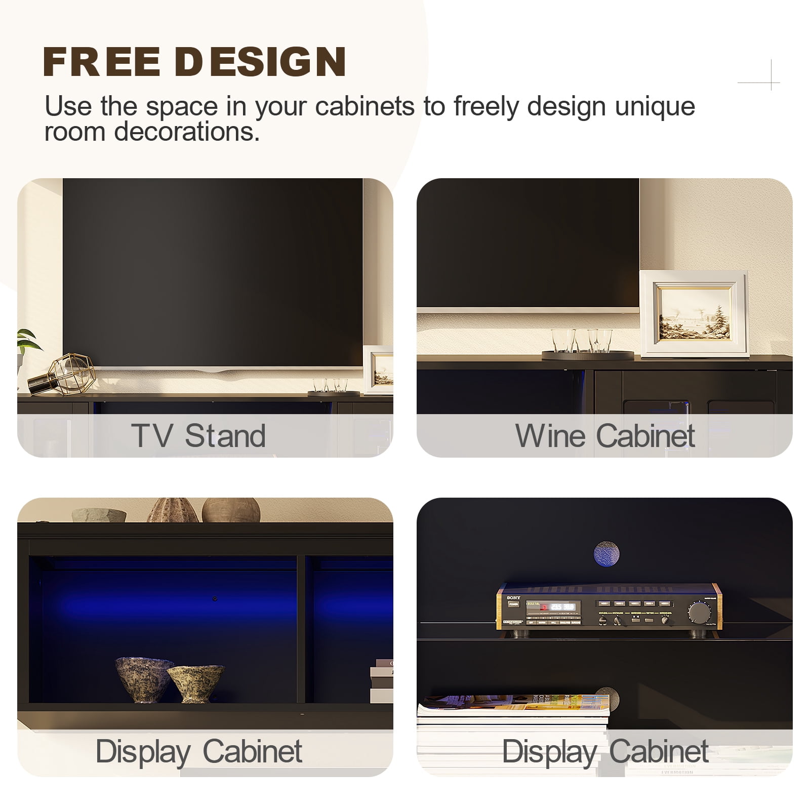 MEISSALIVVE 4-Piece Wall Unit TV Stand with Storage & LED Lights for TVs up to 75", Modern Entertainment Center with Bookshelves & 6-Door Pantry Cabinet, Black