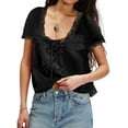 thumbnail image 2 of Women Tie Front Lace Trim Top Sheer Short Sleeve Scoop Neck Button Shirt Y2k Ruffle Flowy Boho Crop Tops Black S, 2 of 8