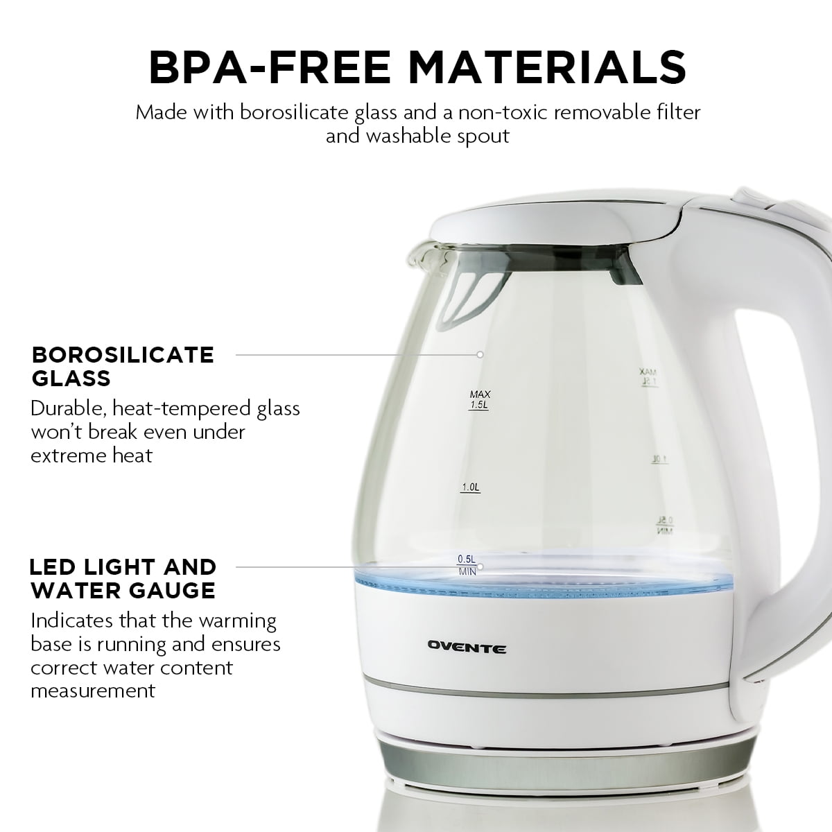 Ovente Electric Hot Water Portable Glass Kettle with Filter 1.5 Liter Stainless Steel Base Countertop Teapot & Auto Shutoff BPA-Free Fast Heating, Boil Dry Protection, Brew Coffee & Tea, White KG83W