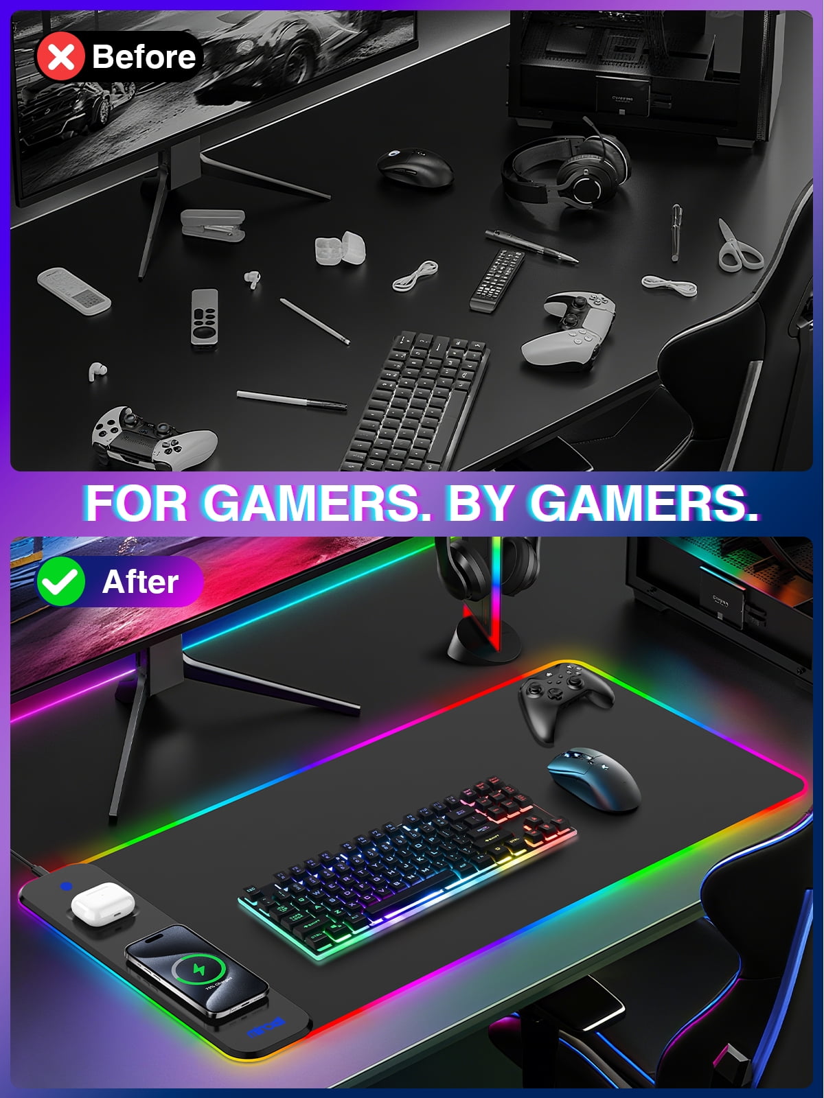 Miroddi RGB Gaming Mouse Pad with Wireless Charger, LED Desk Mat with 15W Fast Charging, Waterproof Non-Slip Desk Pad for Office & Home