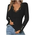 thumbnail image 2 of Comfortable workout Tops For Woman Solid Color V-neck Long Sleeved Lace Button Up Black Beach Casual Shirt S-2XL, 2 of 6