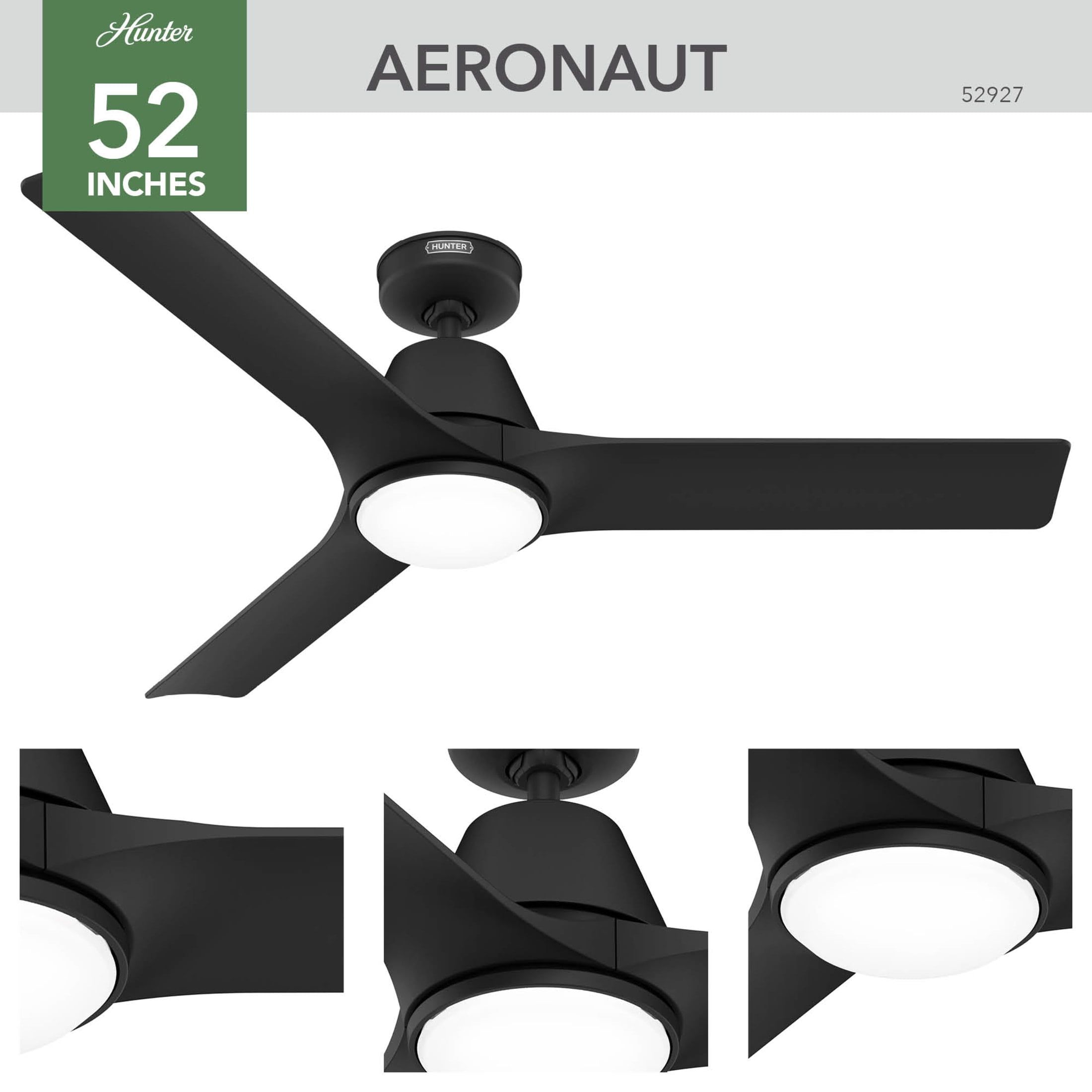 Hunter - Aeronaut  Indoor/Outdoor Ceiling Fan With Light, Remote, 52-inch, Matte Black, Modern-style, 6-speed DC Motor, Energy Star, WiFi Smarthome, 52927, for Porches, Bathrooms