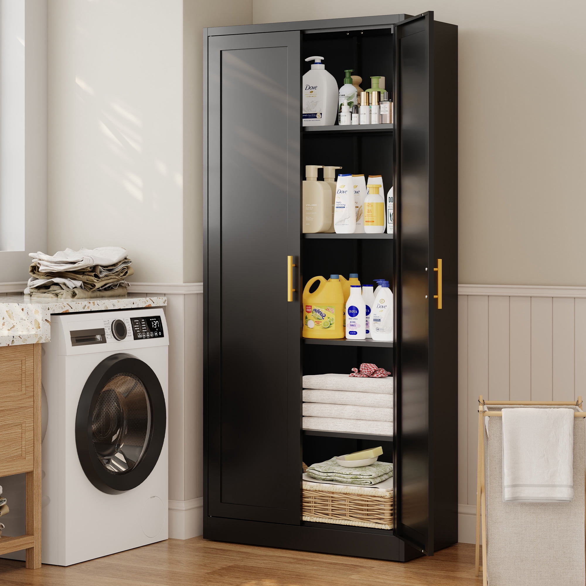 CJF Modern Metal Kitchen Pantry Cabinet, 71" Tall Lockable Storage Cabinet with 2 Doors & 4 Adjustable Shelves, Black