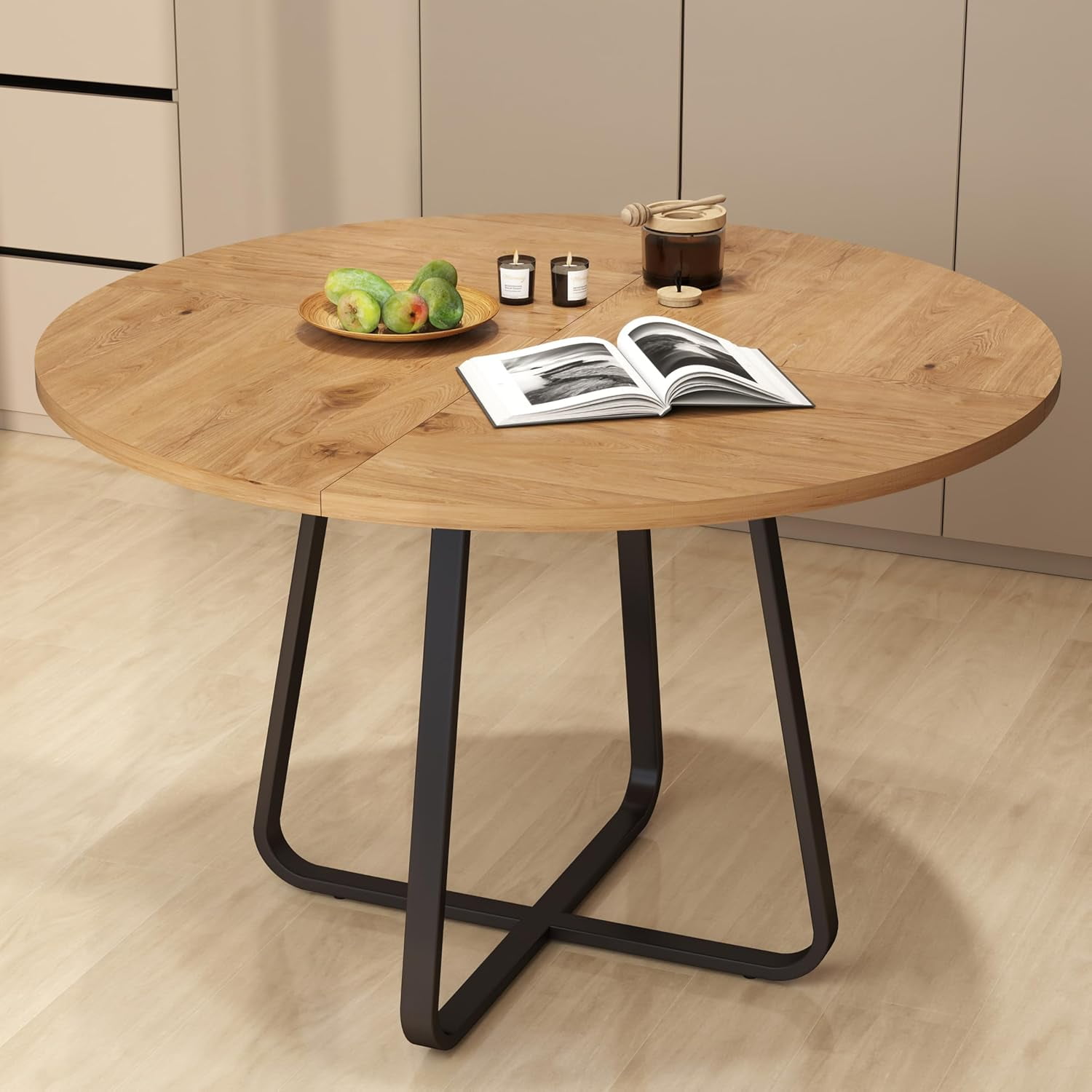 LJAN 43.31 Round Dining Table Wood Kitchen Table with Metal X-Shaped Base Kitchen Dining Room Circle Dinner Pedestal Table Space Saving Industrial Circle Coffee Table for Home Living Room