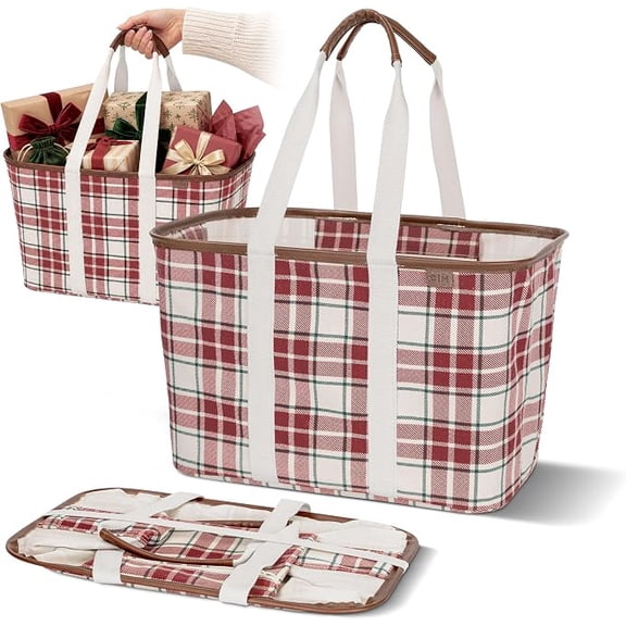 CleverMade Collapsible LUXE Tote Reusable Foldable Grocery Shopping Bag, 30L, Red Checker