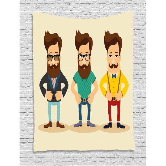 Geek Tapestry, Hipster Fashion Themed Cartoon Image of Men Wearing Pullovers Jackets and Suspenders, Wall Hanging for Bedroom Living Room Dorm Decor, 40W X 60L Inches, Multicolor, by Ambesonne