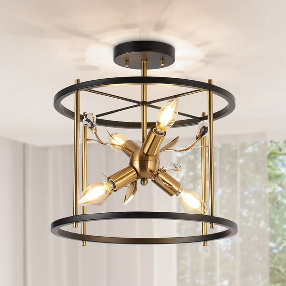 LNC 4-Light Semi Flush Mount Ceiling Light in Black and Brass with Crystal Accents