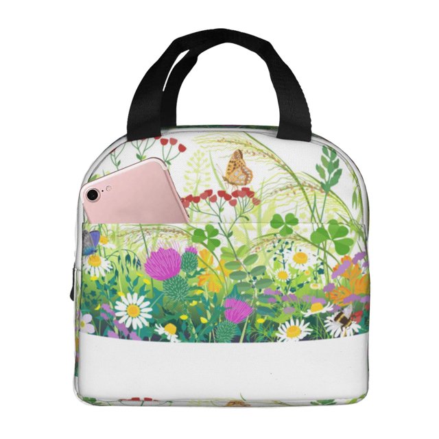 Fotbe Plants and Insects Bolsa Térmica con Estampado y Forro de Aluminio Grueso Bolsa de Almuerzo con Bolsillo Frontal para Hombres y Mujeres, Ideal para Trabajo, Escuela