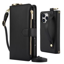 Decase Crossbody Wallet Case for iPhone 16 Pro Max RFID Blocking 6-Card Holder Soft PU Leather Adjustable Shoulder Strap Zipper Pocket Metal Buckle Wristband Phone Case for iPhone 16 Pro Max,Black