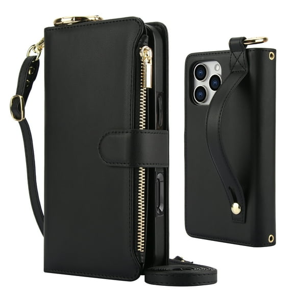 Decase Crossbody Wallet Case for iPhone 15 Pro RFID Blocking 6-Card Holder Soft PU Leather Adjustable Shoulder Strap Zipper Pocket Metal Buckle Wristband Phone Case for iPhone 15 Pro,Black