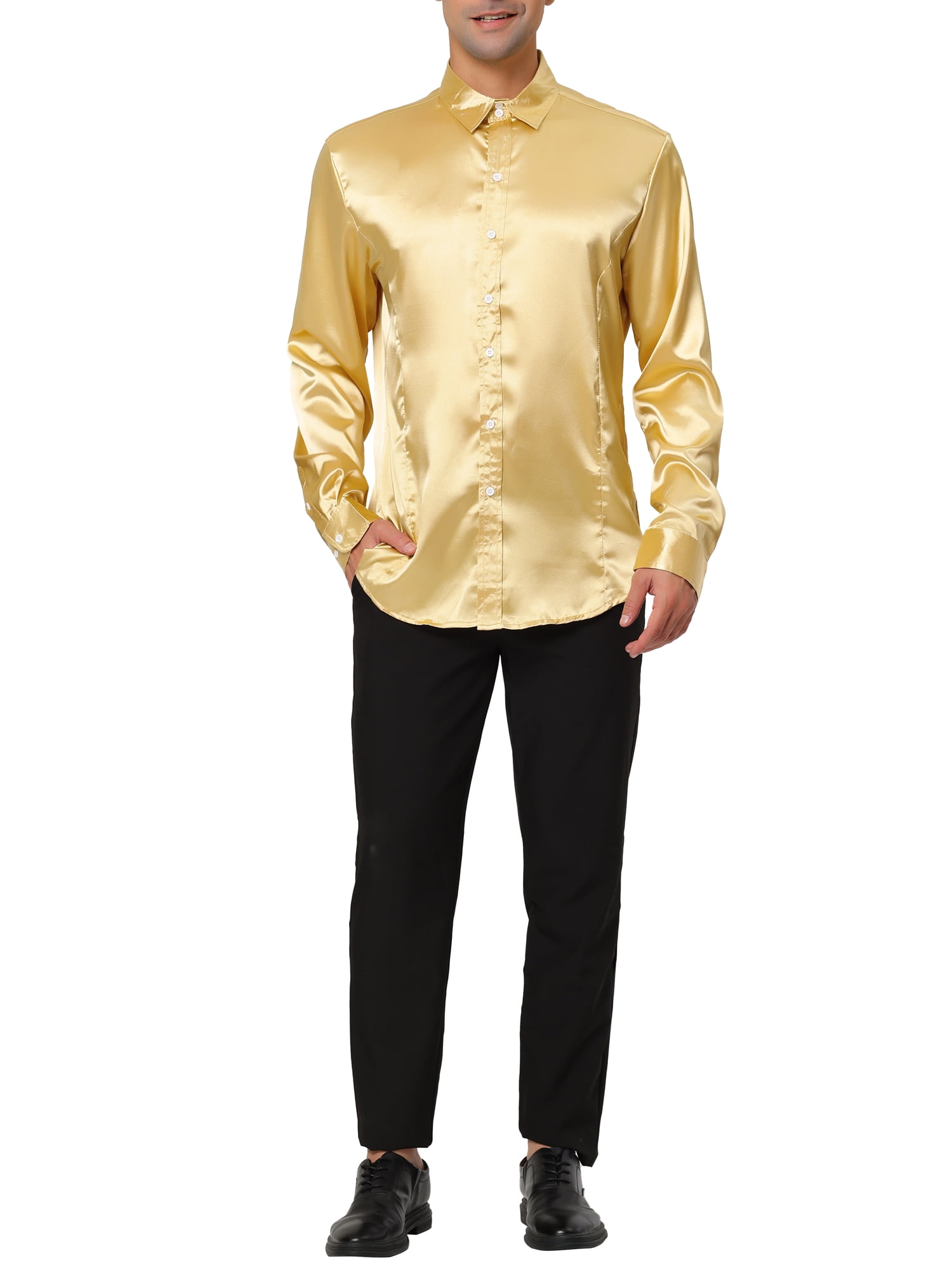 Unique Bargains Men's Satin V Neck Long Sleeves Button Down Prom Shirts XL Golden