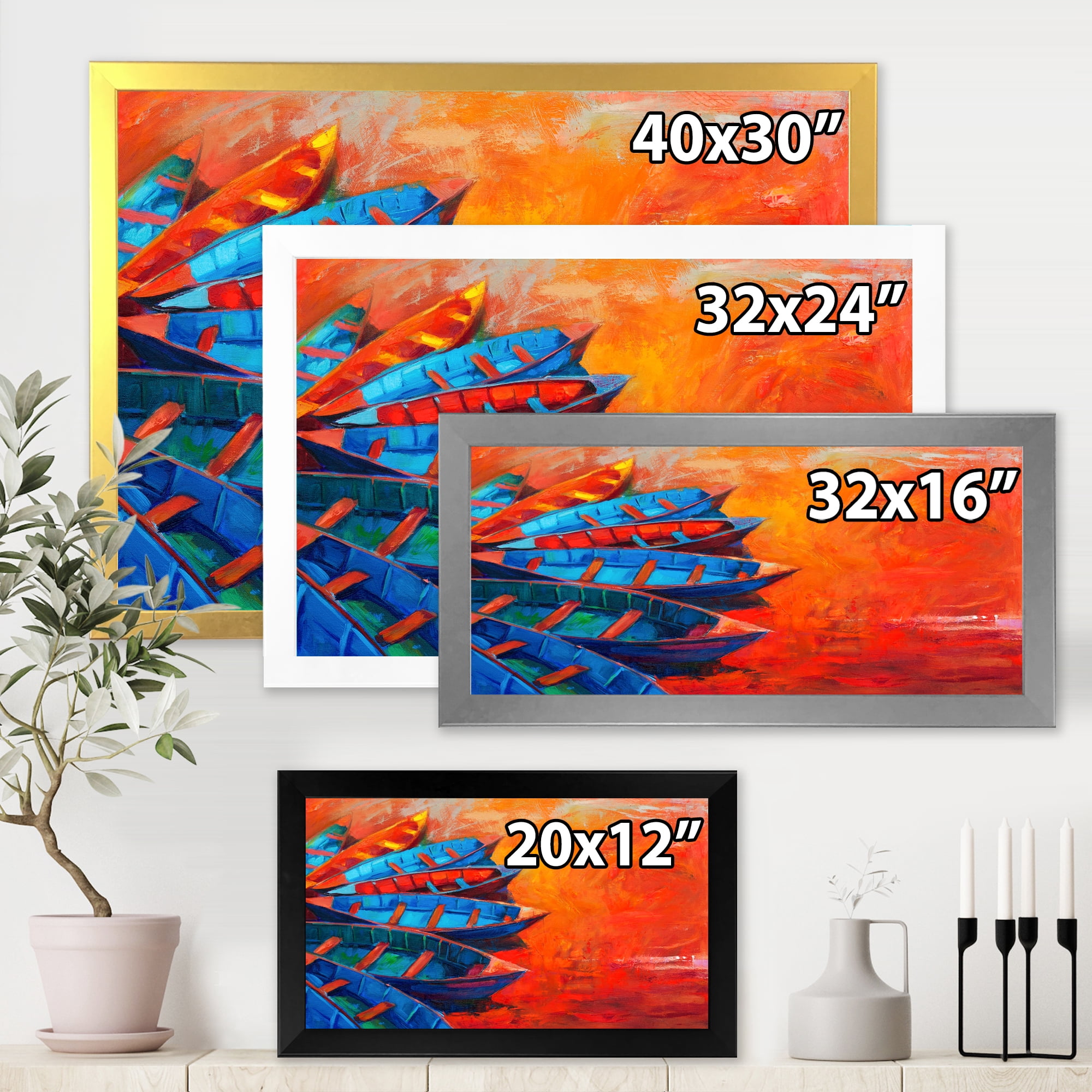 Boats During Warm Sunset Resting On The Water V 32 in x 24 in Framed Painting Canvas Art Print, by Designart