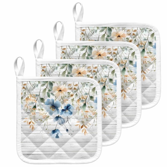 Spring Floral Pot Holders for Kitchen Heatproof Potholder, 4 Pack Weeping Blue Botanical Summer Vintage Hot Pads Multipurpose Oven Pads Cloth Potholders Trivet for Cooking and Baking