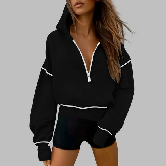 UQjfacai Womens Fall Hooded Sweatshirts Long Sleeve Half Zip Cropped Hoodies Pullover Winter Fashion Clothes