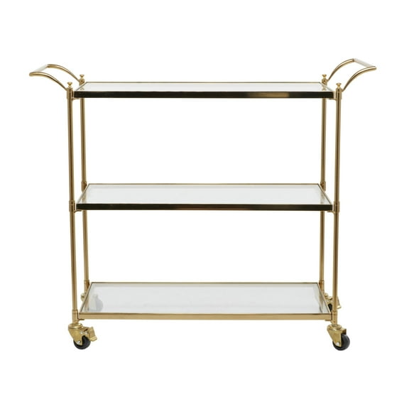 DecMode Traditional 3 Tier Gold Metal Bar Cart with Transparent Glass Shelves, 38"W x 31"H