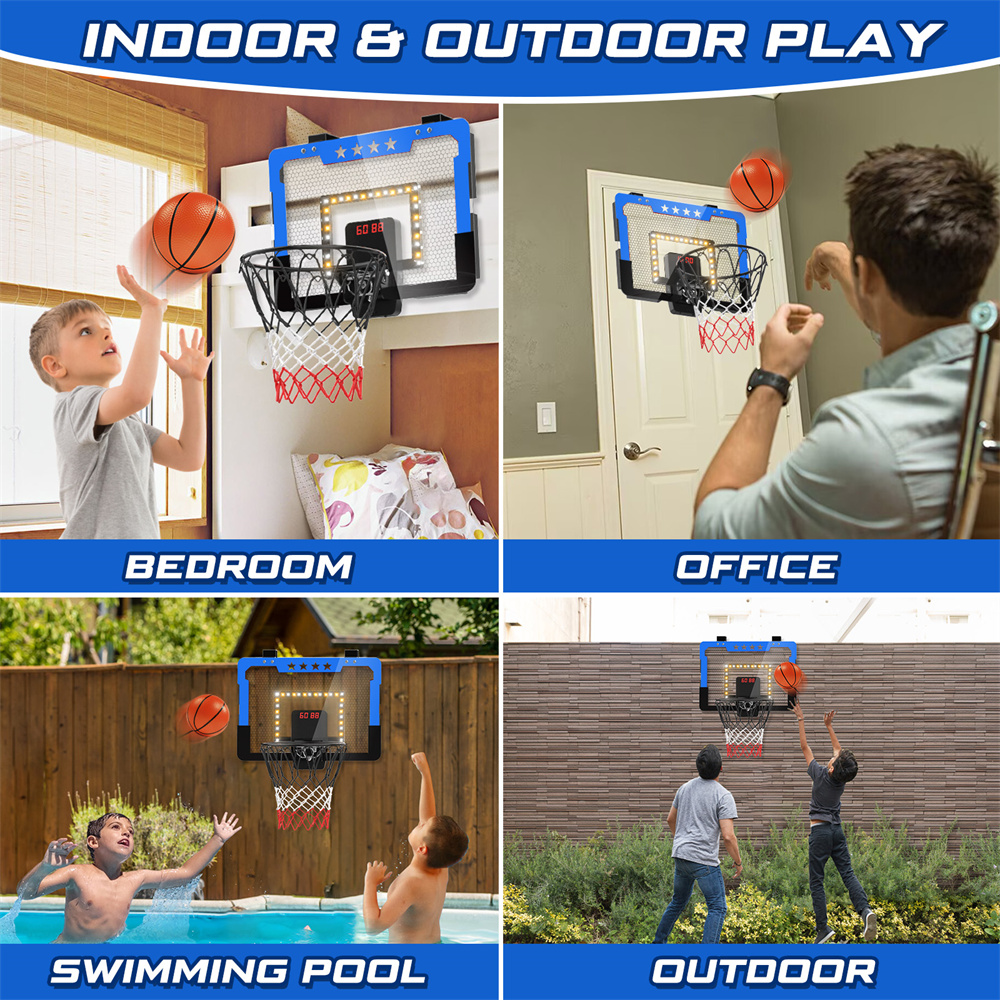 Growsly Indoor Basketball Hoop with Dual Electronic Scoreboard and LED Light Powered by Battery for 4-12 Years Old Kids, Blue