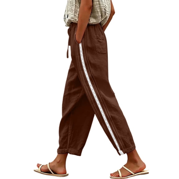 Hurxie Women Side Stripe Pants Y2k Elastic Waist Wide Leg Baggy Track Pant Lace Trim Parachute Pants with Pockets Coffee,3XL