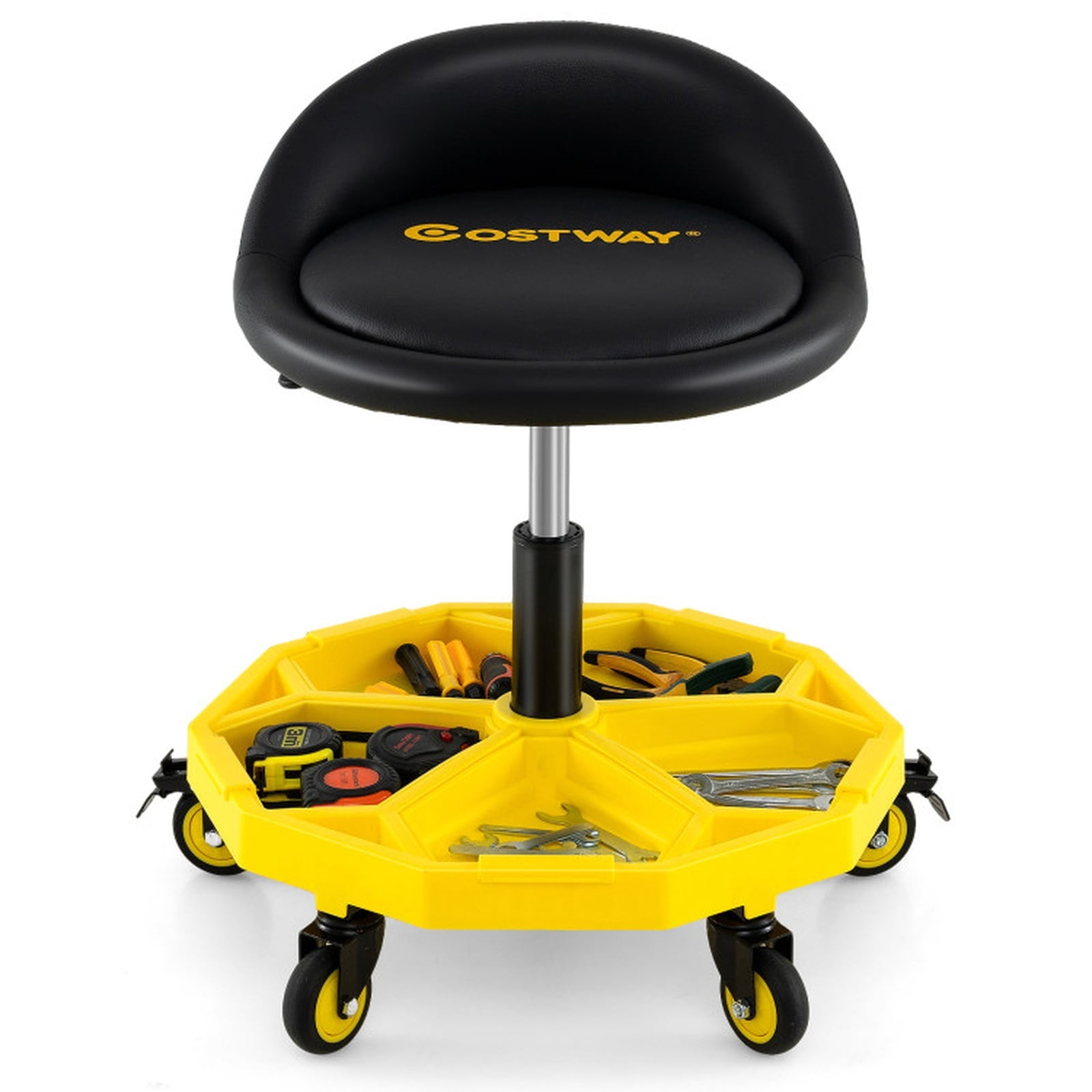 Biotree 20 Inch Rolling Mechanic Stool 25" x 20" x 6.3" with Tool Tray for Garage Shop Adjustable Height Shop Seat for Garage, Yellow