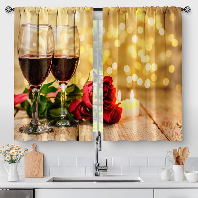Retro Red Rose Wine Kitchen Curtains - Farmhouse Country Romantic Valentines Floral Rustic Women Small Short Cafe Tier Curtains Rod Pocket Window Drapes 24 Inch Length 2 Panels 28"x24"