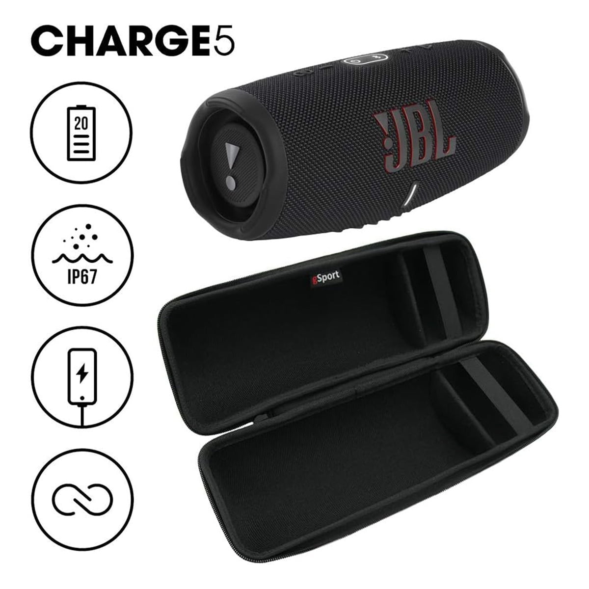 JBL Charge 5 Waterproof Portable Bluetooth Speaker with gSport Carbon Fiber Case (Black)  (图3)